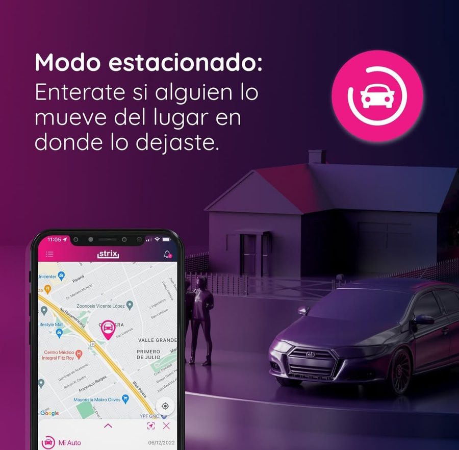 Aplicación de Strix mostrando el modo estacionado sobre el mapa, con el vehículo detenido frente a una vivienda.