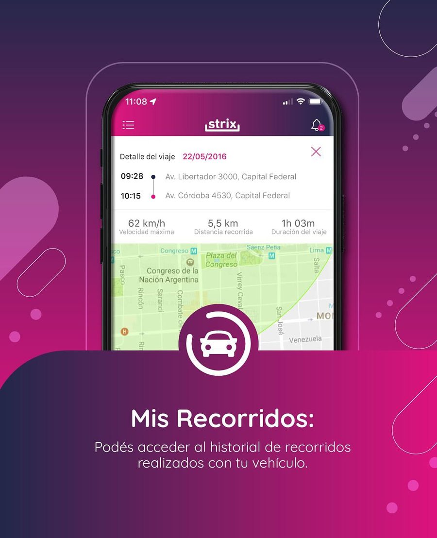 Detalle de un viaje en la aplicación de Strix: horarios, direcciones, velocidad máxima, distancia y duración.