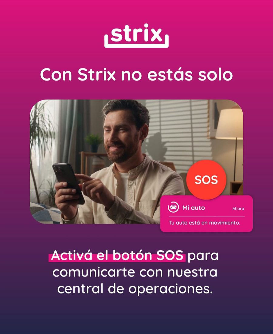 Persona utilizando la aplicación de Strix, con el botón SOS y la notificación de que el vehículo está en movimiento.