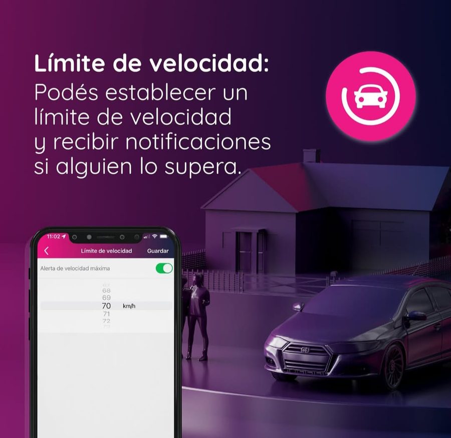 Pantalla de la aplicación de Strix con la alerta de velocidad máxima configurada en 70 km/h.