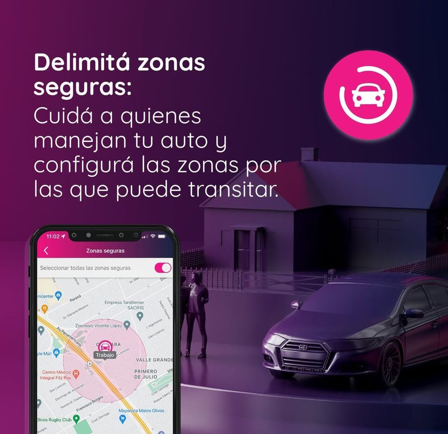 Mapa de la aplicación de Strix con una zona segura delimitada alrededor de un punto identificado como trabajo.
